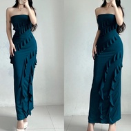 Jer Jen Fyang Ruffles Maxi Dress - Sexy Bodycon Tube Dress for Women - Knitted Fabric- Stretchable