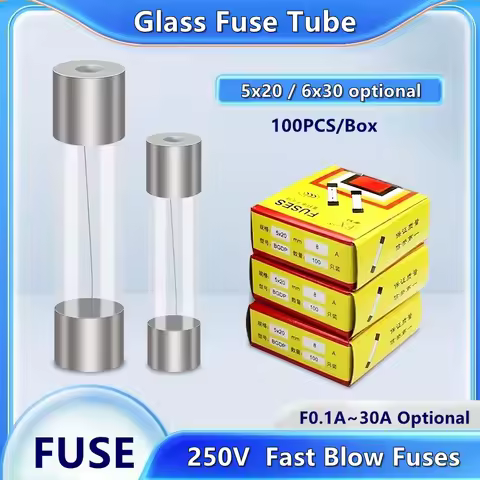 10/100pcs 5x20 6x30mm Glass Tube Fuse 250V F 0.1A 0.2A 0.5A 0.75A 1A 2A 3A 4A 5A 6.3A 8A 10A 12A 15A