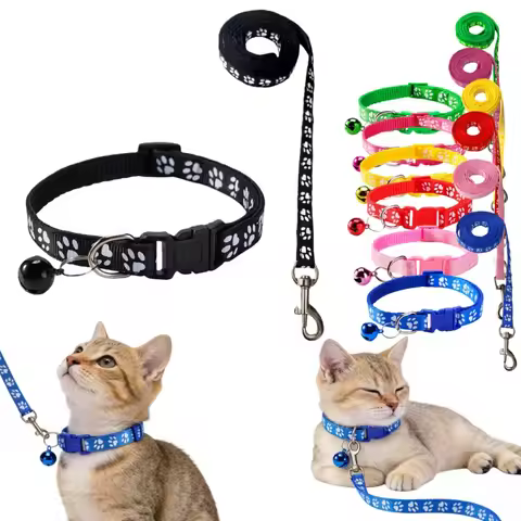 Bell Collar and Leash Set Cat Cartoon Paw Dog Collars Cat Accessories Kitten Collar Adjustable Bell