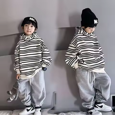 Spring Autumn School Kids 2PCS Tracksuit Boys Loose Striped Sweatshirt+Gray Sweatpant Workout Sets C