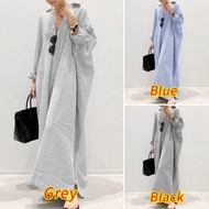 Fashion Women Long Sleeve Button Down Casual Stripe Split Hem Baggy Vintage Long Maxi Dress Cotton L