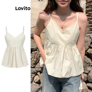 Lovito Casual Tank Top Plain Pleated Tank Top for Women L86ED093