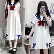 [J3D5211] Aegean Navy Sailor Suit Preppy Style Bow Tie Bowknot Shape Long Short Sleeve Dress One Pie