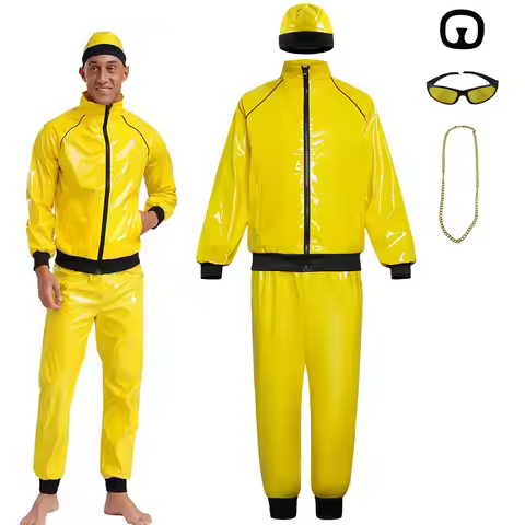 Mens Retro 70s Disco Costume Yellow PU Leather Coat Pants Hat Accessories Outfit Jazz Rapper Suit fo