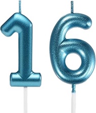 2.35 Inch Blue 16 & 61 Birthday Candles, 3D Diamond Number 16th & 61st Cake Topper for Boys Girls Bi