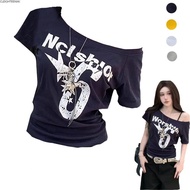 CLEIGHTEEN8H  Shoulder Top, Letter Print Skew Collar Short Sleeve, Trendy Body  Y2k Crop Top Casual 