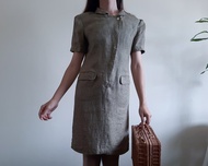 復古亞麻摩登連身裙 綠色棕色夏季連身裙 復古連身裙