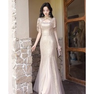 EAGLELY High End Wedding Gown For Bride Champagne Mermaid Wedding Dinner Gown Bling Sequin Glitter L