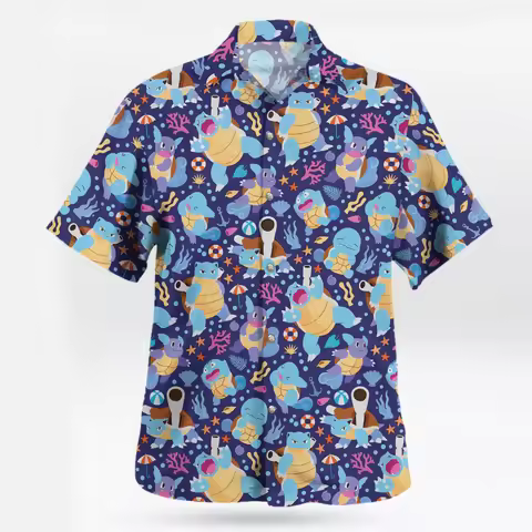 Blue Blue Background Johnny Turtle Water Arrow Turtle Full Print Hawaiian Shirt Loose Couple Versati