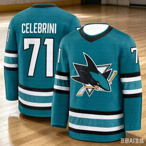 Hockey Jersey - Teal/Black/White Accents "Celebrini 71" Shark Logo Breathable Sports Jersey 3d HD Pr
