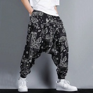 Linen Blend Men's Drawstring Harem Pants, Bohemian Pattern Casual Loose Streetwear Pants, Hip Hop/Ra