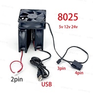 8025 80x80x25mm DC Brushless Cooling Fan Oil Bearing 5V 12V 24V Quiet Cooler for PC Case CPU with 2P