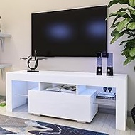 DMAITH TV Stand with LED Lights, 1 Drawer and Open Shelves High Gloss Entertainment Center Media Console Table Storage Desk for Up to 60 Inch TV, White (002W)
