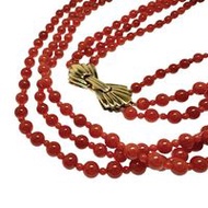 Pre-owned 3-strand coral necklace, 3.5mm-4.5mm, silver, 37.0g, 58cm, for women.