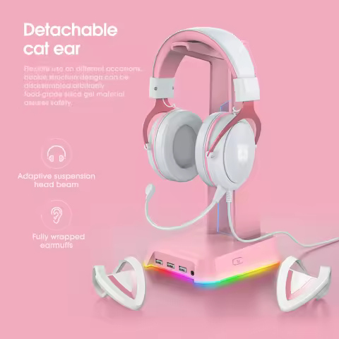 Onikuma Professional Gaming Headset With RGB Light Headphones Cat Ears Pink Portable Earphones With 