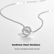 S999 Pure Silver Sunflower Beating Heart Necklace, Light Luxury Women's Zircon Pure Silver Necklace,