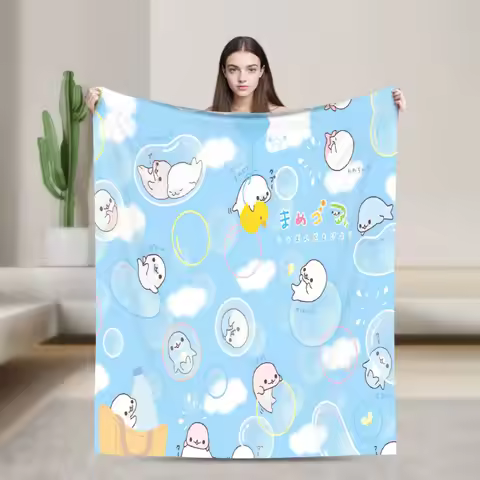 CUTE M-Mamegoma Seal Anime Flannel Blankets Warm Bedding Throws for Couch Chair Travel Comfortable B