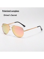 1入組男女適用的圓形金屬框偏光鏡片太陽眼鏡，防UV防眩光，適用於開車和釣魚，適合日常服飾，帶有復古風格