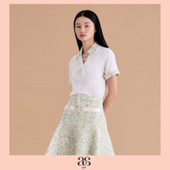 [asv ss25] Renee T-Shirt เสื้อยืดผู้หญิง แขนสั้น คอปกและปลายแขนเสื้อแต่งผ้าทวีต ดีเทลเชือกร้อยไขว้ด้