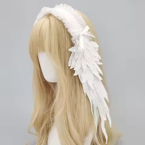 Gothic Lolita Headpiece with Angel Wings Dark Mori Kei Lace Hairband for Elegant EGA Maid Cosplay