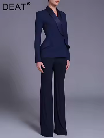 DEAT Elegant 2 Pcs Set Stain Lapel Double Button Long Sleeve Coat High Waist Slim Pant Women's Suit