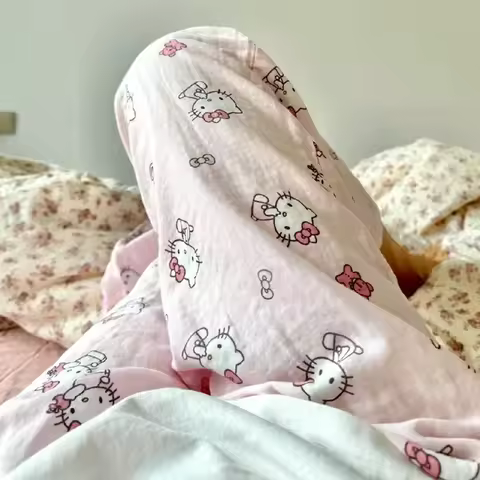 Anime Hello Kitty Pajama Pants Wide Kawaii Kitty Leg Pants Summer Thin High Waist Casual Trousers Gi