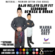 READY STOCK ~ BAJU MELAYU DARK GREY SLIM FIT KAIN COTTON KELABU SEPASANG DEWASA & BUDAK BAJU RAYA C0