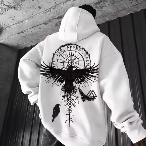 Men's Viking Totem Printed Hooded Sweatshirt Y2K Hooded Sweatshirt Loose Eagle Pattern Sportswear