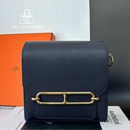 🌈Hermes💙Mini Roulis 19💙午夜藍金扣🌟98.5新🌟evercolor皮🌟愛馬仕🌟