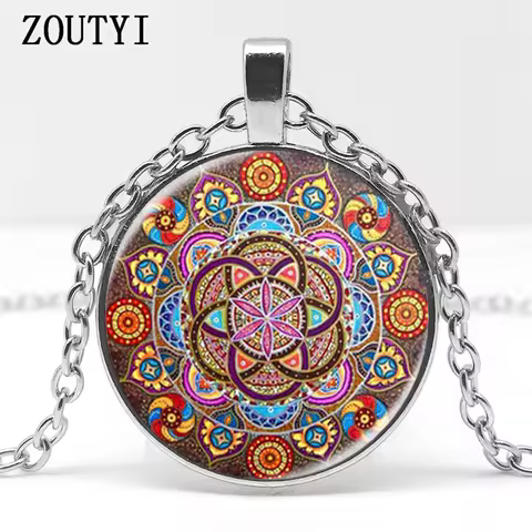 2018 / hot sale, steampunk necklace mandala necklace chakra pendant ladies glass cabochon pendant Ze