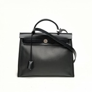 HERMES Herbag31黑色防水帆布/牛皮B刻銀扣肩背包