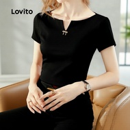 Lovito Casual Tshirt Bow Leisure Simple Spring/Summer Black Tshirt for Women L172ED448 Lovito Baju-T