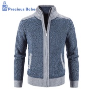 Plaid Lined Zipper Closure Male Sweater Coat Long Sleeve Patchwork Color Pockets Stand Collar Sweate