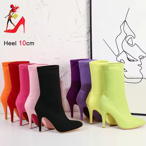 2023 Autumn Winter Sock Short Boots Lady Mid-Calf Thin High Heels Large Size 46 Fashion Women Shoes 