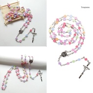 【CH*】 Flower Crystal Beads Rosary Catholic Necklace Cross Crucifix Necklace Rosary Cross Necklace Cr