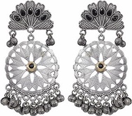 Indian Antique Silver Oxidized Afghani Gypsy Black Stone Designer Ethnic Ghungroo Bells Dangle Jhumka Jhumki Earrings Jewelry, alloy, No Gemstone