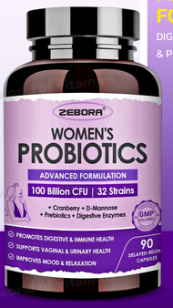 ZEBORA Probiotics for Women Digestive Health with Enzymes & Prebiotics 100 Billion 90 Capsules