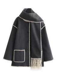 WomenS Fall Winter Fashion Long-Sleeved Scarf Collar Tassel Scarf Decoration Splicing French Woolen 