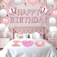 Pink Happy Birthday Balloons Decorations Pink White Birthday Balloon Letters Banner with 6 Pcs Star 