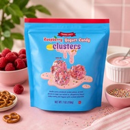 TRADER JOE'S RASPBERRY YOGURT CANDY CLUSTERS-VANILLA CRÈME SANDWICH COOKI/PRETZEL PCS, 7 OZ.