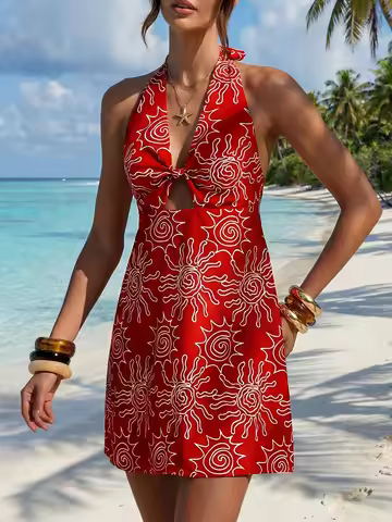 Women's Summer Mini Beach Halter Neck Cutout Sun Print Dress Coverup for Cruise Vacation