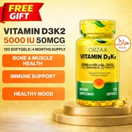 Vitamin D3 K2 Bone Health Immune Support 5000IU 50mcg 120 Days Supply Halal ORZAX