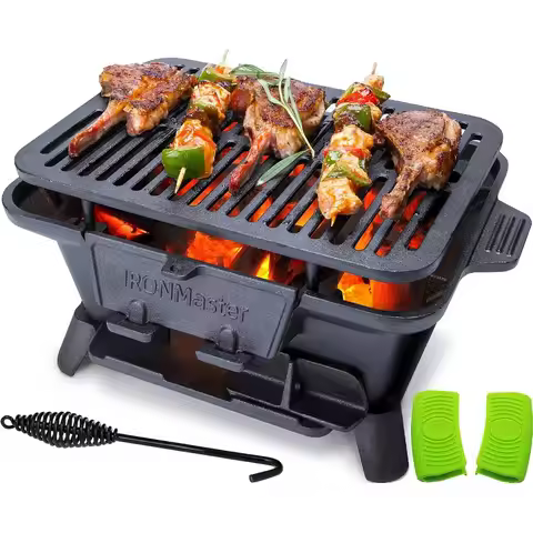 IronMaster Hibachi Grill, Pre-Seasoned Cast Iron Charcoal Grill with 2 Heights & Air Control, Portab