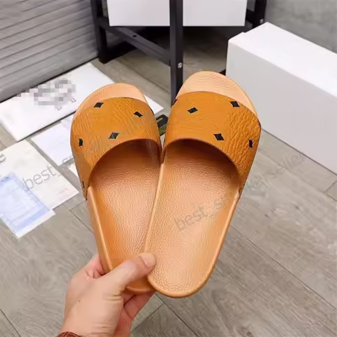 Men Women Slippers Sandles Classic Brown Flat Home Slipper Bathroom Munich Leather Print Sandals Sho