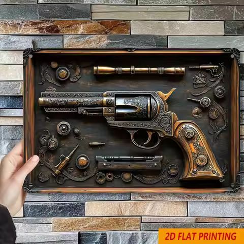True Man's Toys 2D Flat AUUA 12x8 Inch Vintage Metal Tin Sign - Intricate Revolver & Gears Design fo