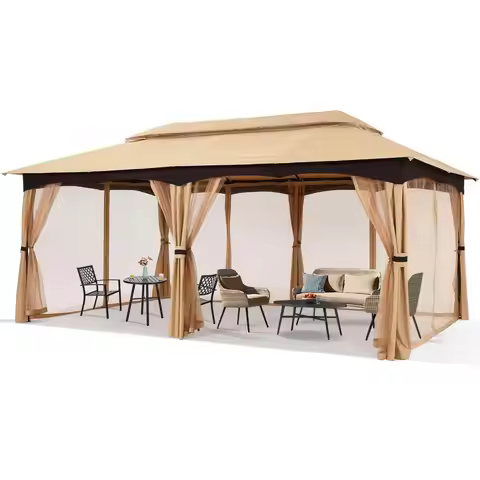 Outdoor Patio Gazebo for Garden with Upgrade Steel Frame and Netting Walls 10x20,Beige