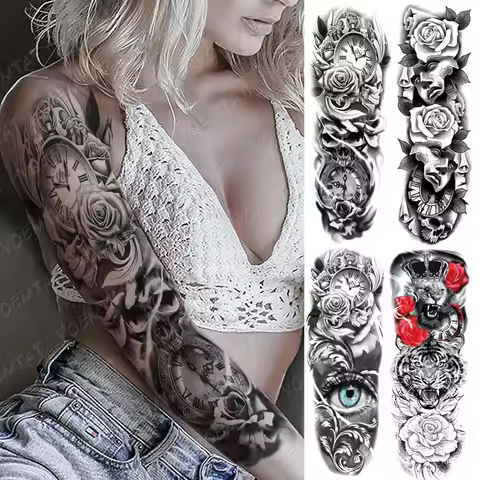 Large Arm Sleeve Tattoo Clocks Rose Eye Lion Waterproof Temporary Tattoo Sticker Flower Time Body Ar