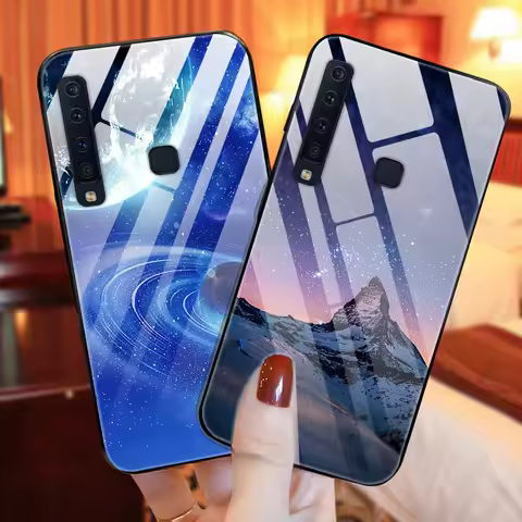 For Samsung Galaxy A9 2018 Case Tempered Glass Planet Space Cover Glass Back Case for Samsung A9 201