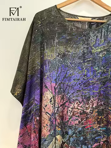 Fimtairah 19MM 100% Silk Pajamas For Women Plus-size Loose Lady Dress Printed Night Gown Fashion Flo