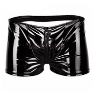 [Love Her Wardrobe] Men's PVC Bright Leather Boxer Sexy Zipper Open Leather Shorts Accurate Size